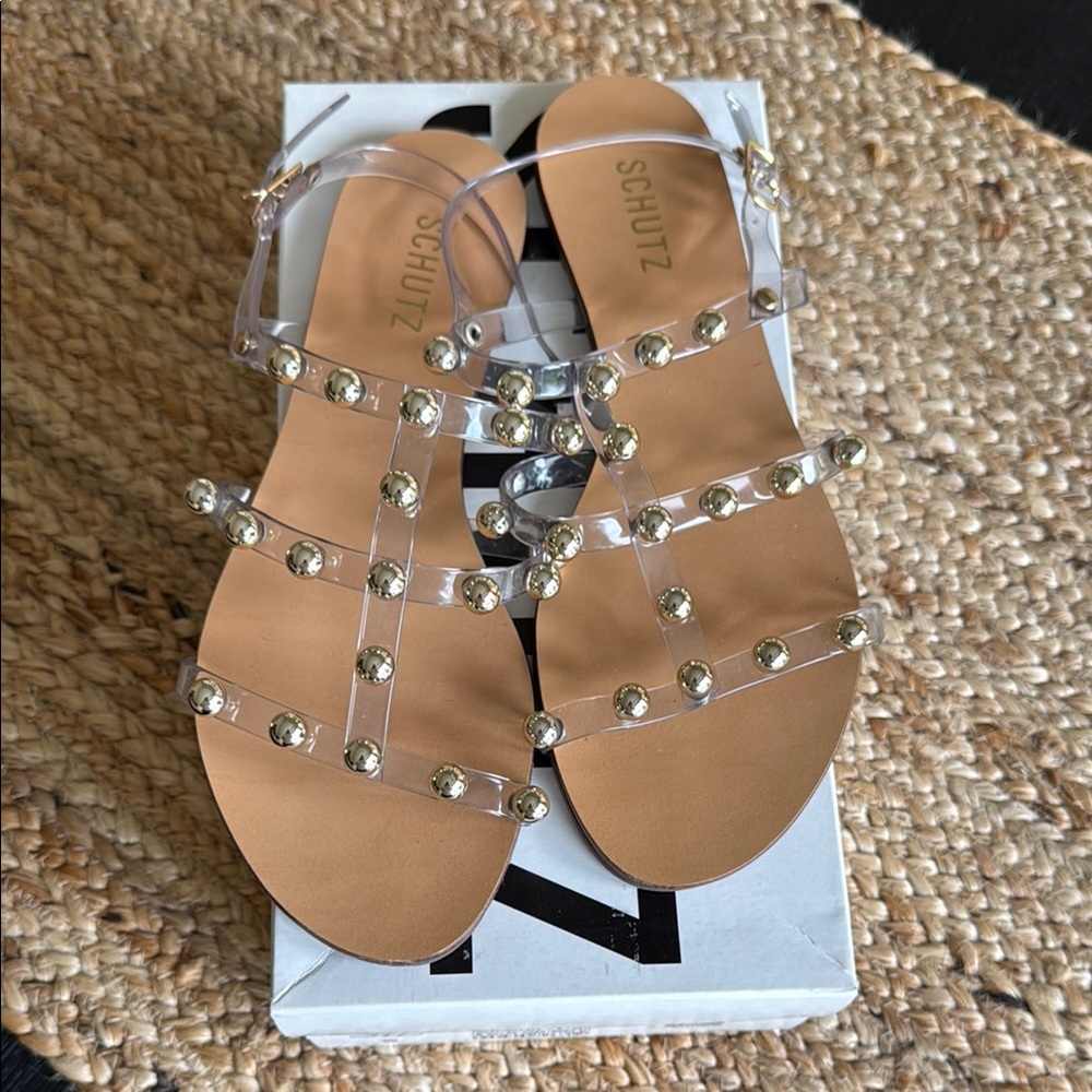 SCHUTZ Clear Gelly and Light gold studs flat sandal